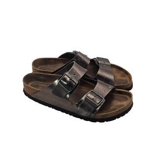 Birkenstock Arizona Soft Footbed Sandals 39 US 8 Metallic Pewter Buckle Slides